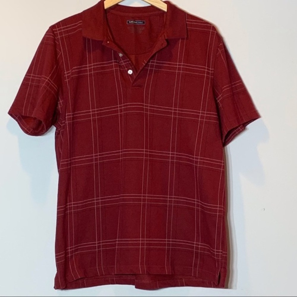 EUC Van Heusen Studio Burgundy Red Plaid‎ Polo Style Short Sleeve Shirt